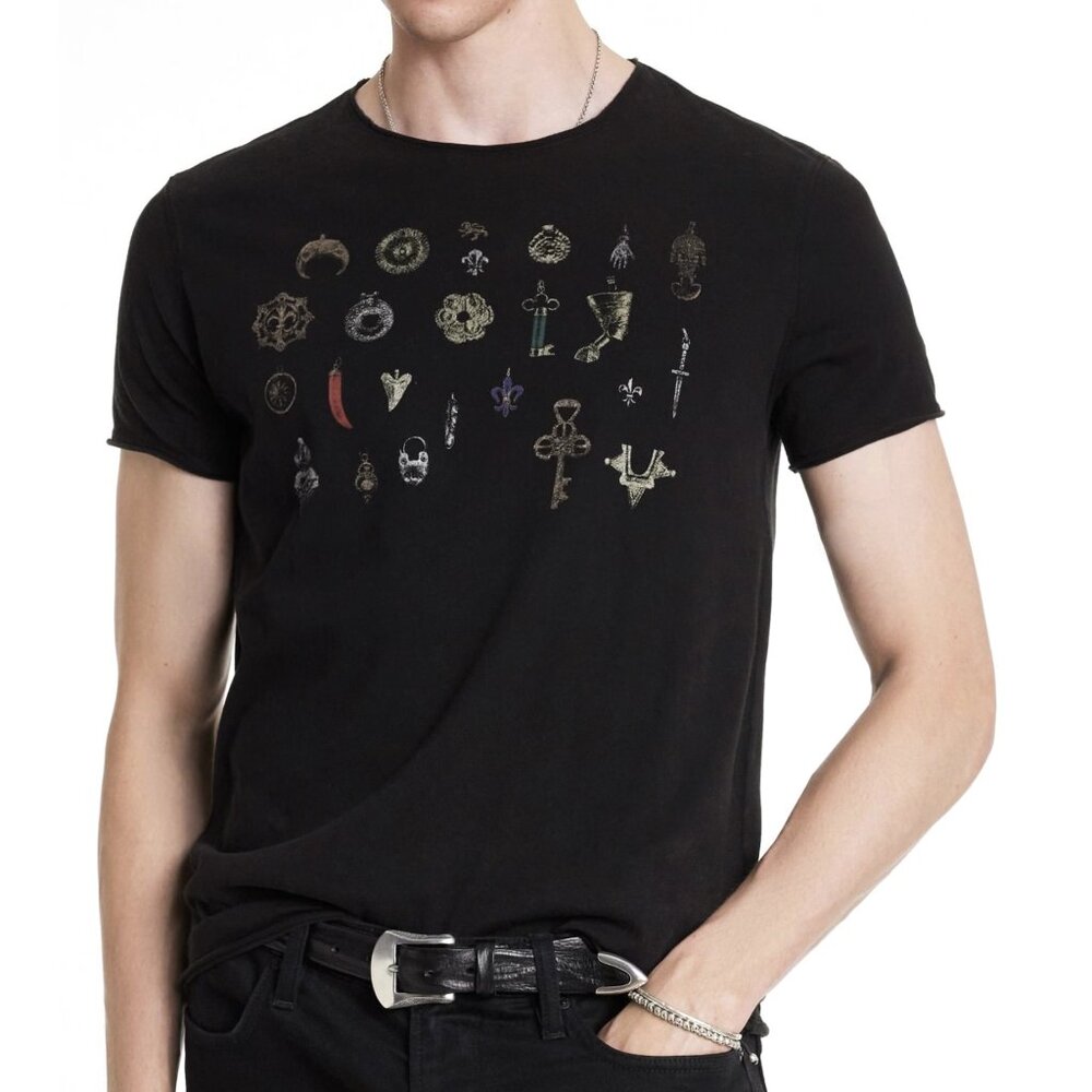 John Varvatos Men's Short Sleeve Pendants Metallic Graphic Crew T-Shirt Black